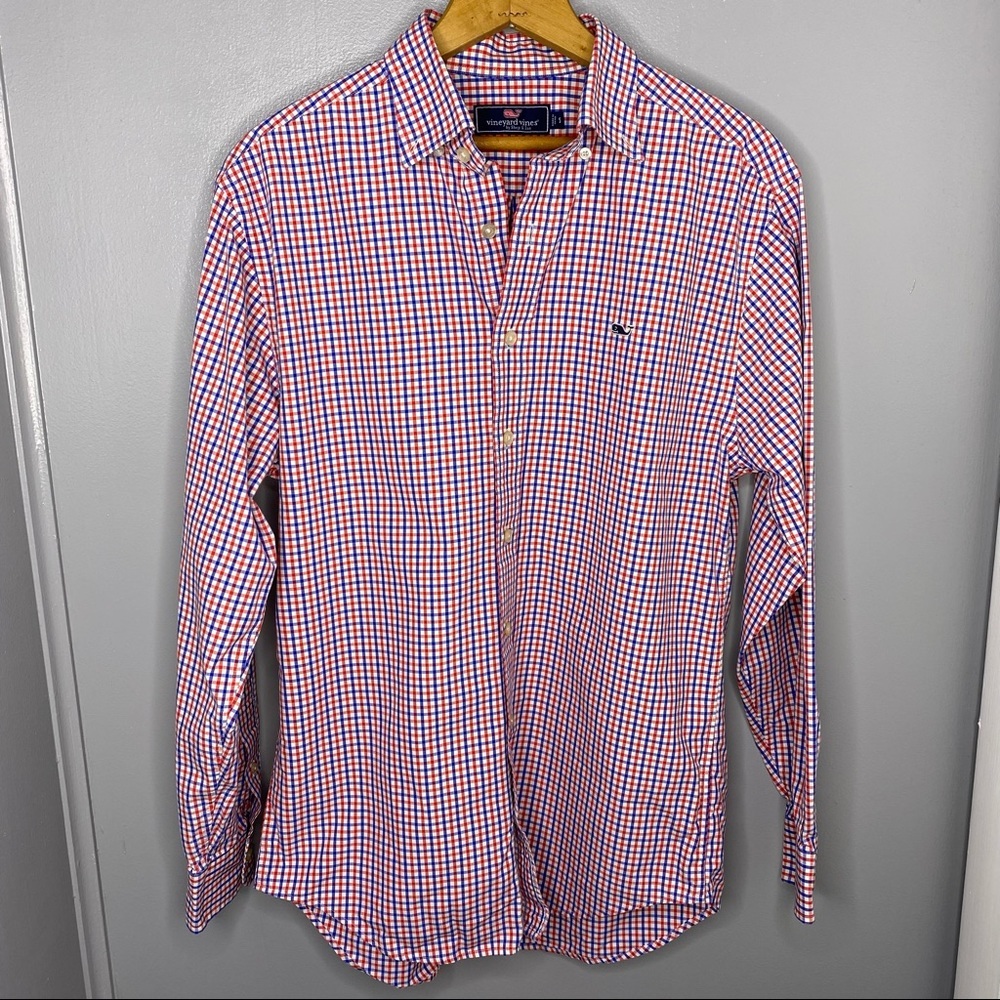 VINEYARD VINES Red White and Blue Gingham Plaid Button Down Classic Whale Shirt